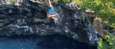 En person hopper fra en klippe ned i en klar, blå pool omgivet af grøn vegetation.