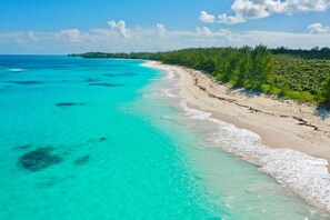 Une plage aux eaux turquoise et limpides, bordée d’une rive sablonneuse et d’une végétation luxuriante.
