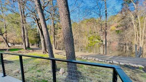 A wooden deck with a metal railing overlooking a natural area with trees and a body of water. - Amazing A-Frame Cabin, Modern Luxury Oasis on a Pond (Pittsboro)
