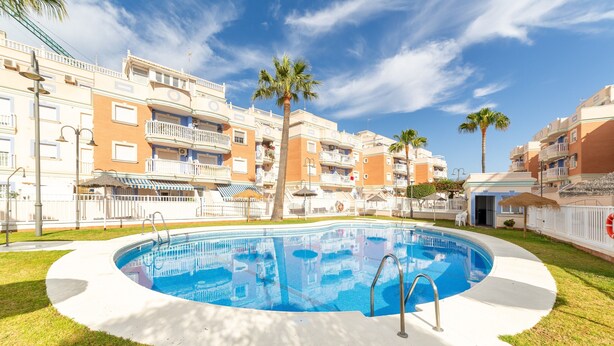 Une piscine entourée d’une terrasse blanche, sous un ciel bleu azur, avec des palmiers.