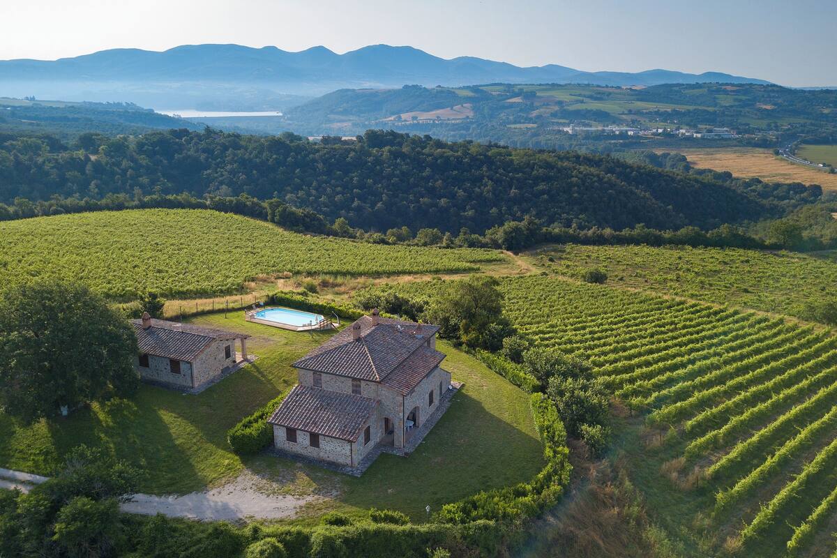 An aerial view of a vineyard with two stone buildings and a swimming pool.