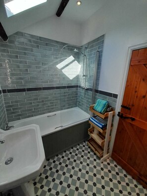 Hair dryer, towels, soap, shampoo