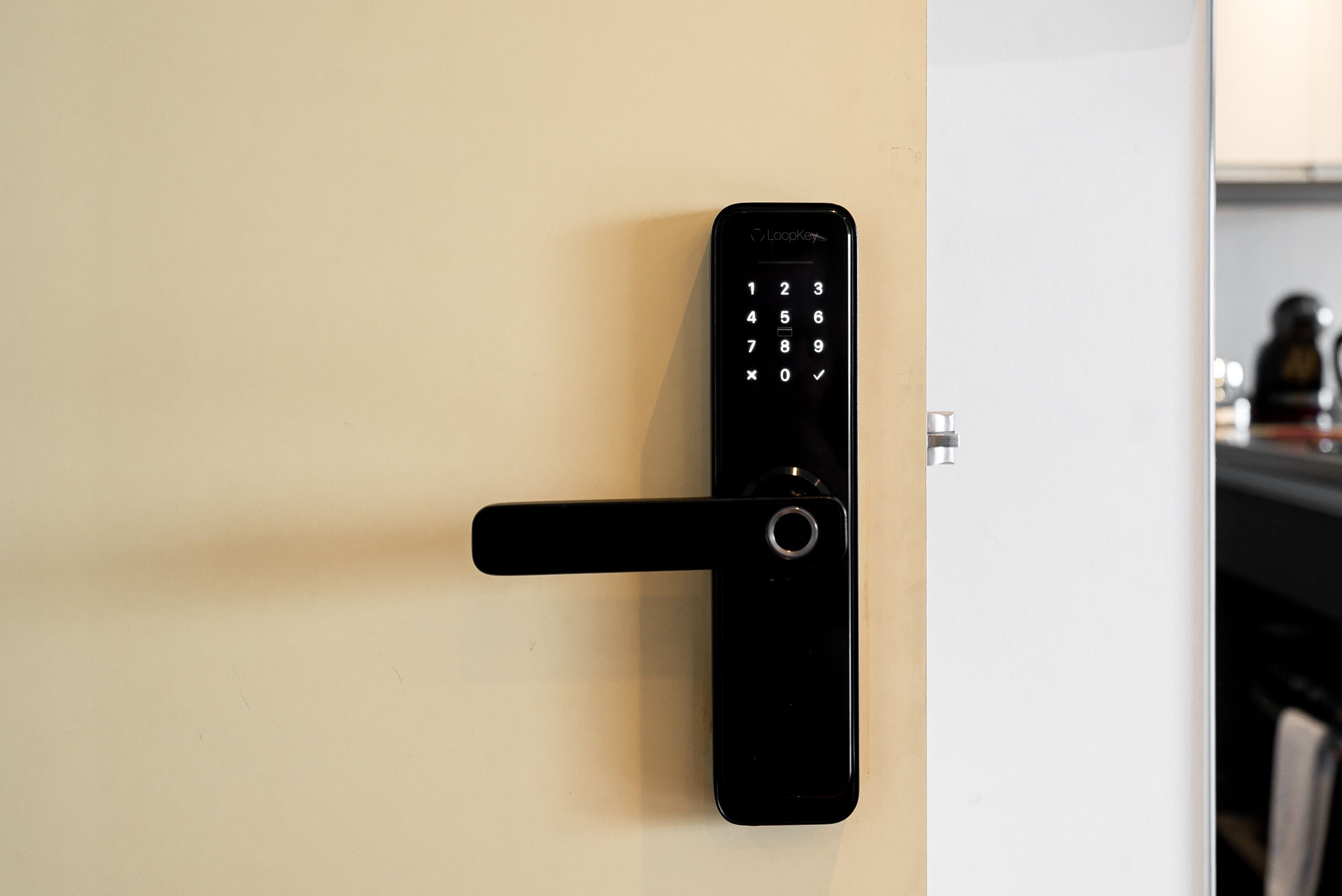 A modern door lock with a numeric keypad.