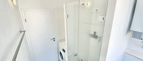 Hair dryer, towels, soap