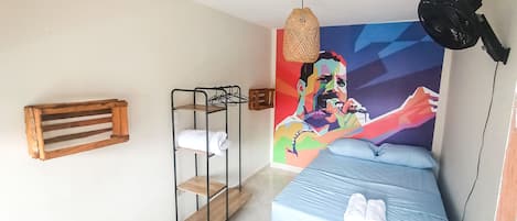 Desk, laptop workspace, blackout curtains, iron/ironing board