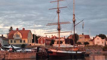 A historic sailing ship docked at a harbor with residential buildings in the background.