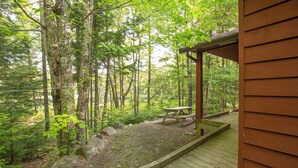 A wooden deck with a picnic table and benches, surrounded by a forested area with tall trees and a clear view of the woods. - small 2-bedroom chalet in the heart of the wilderness, 5 km from Kejimkujik Park (Maitland Bridge)