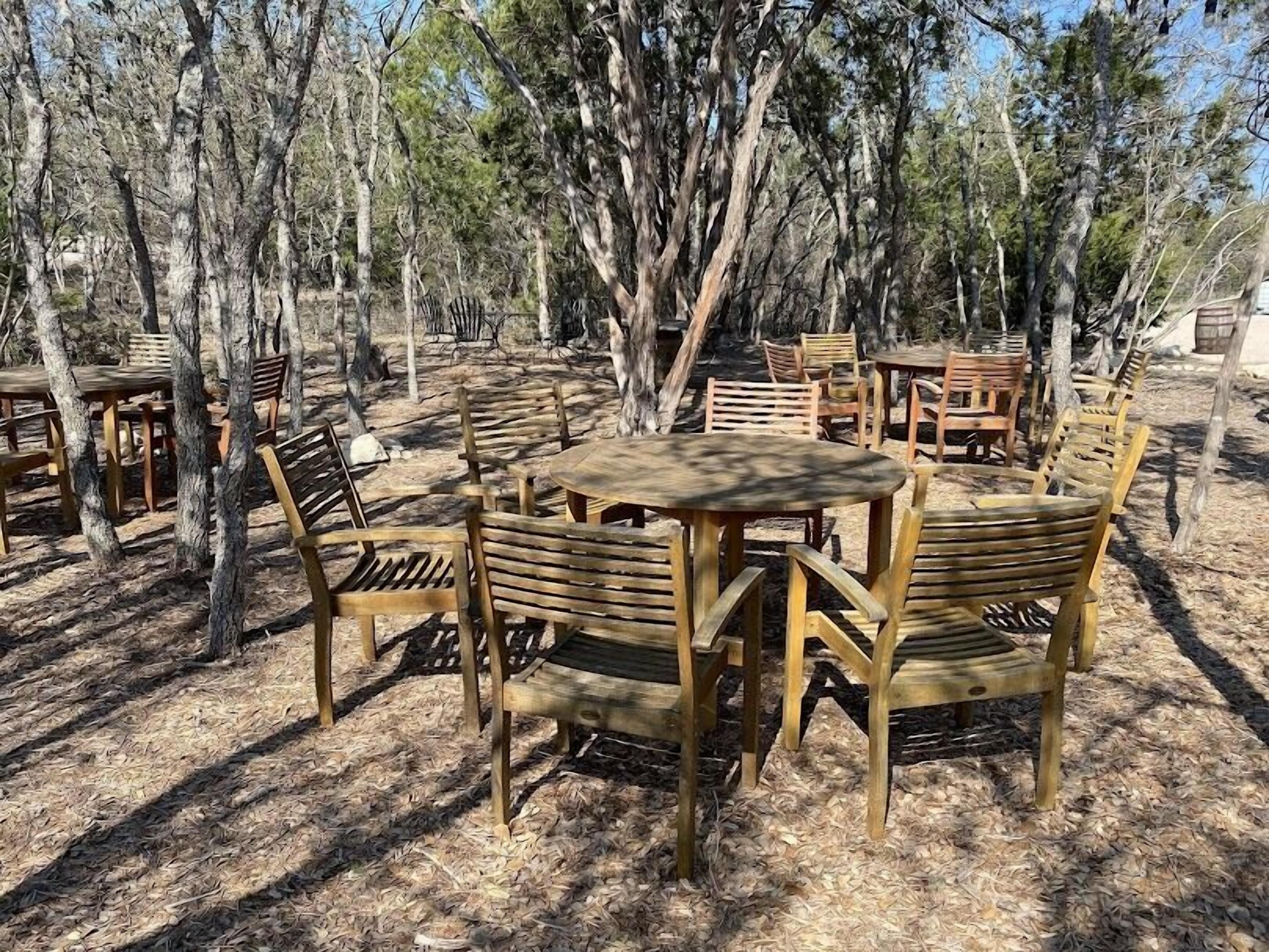 Een terras met houten tafels en stoelen, omringd door bomen.