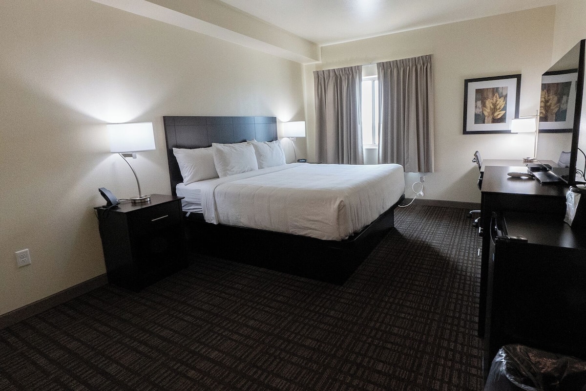 A hotel room with a bed, a desk, a chair, a lamp, and a window with curtains.
