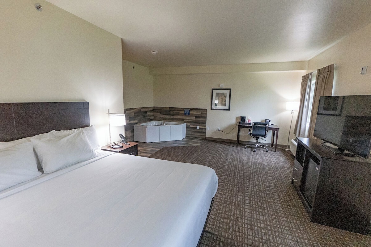 A hotel room with a large bed, a desk, a chair, a television, a desk lamp, a telephone, a picture frame, and a bathroom with a bathtub.