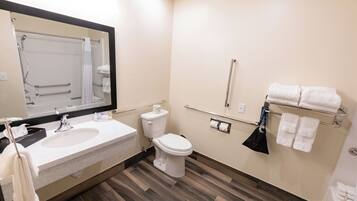 A modern bathroom with a sink, toilet, and mirror.