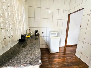 Fridge, microwave, coffee/tea maker, blender