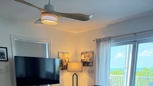 A living room with a TV, sofa, lamp, and a view of the ocean. - Ocean Front, Private home with Boat Dock, 3 bedroom (Key West)