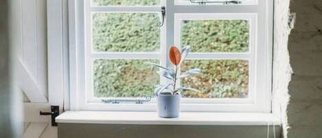 Een uitzicht op groen, een kleine plant in een pot en een bank eronder.