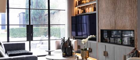 Smart TV, fireplace, books