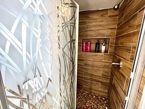 Hair dryer, towels, soap, shampoo