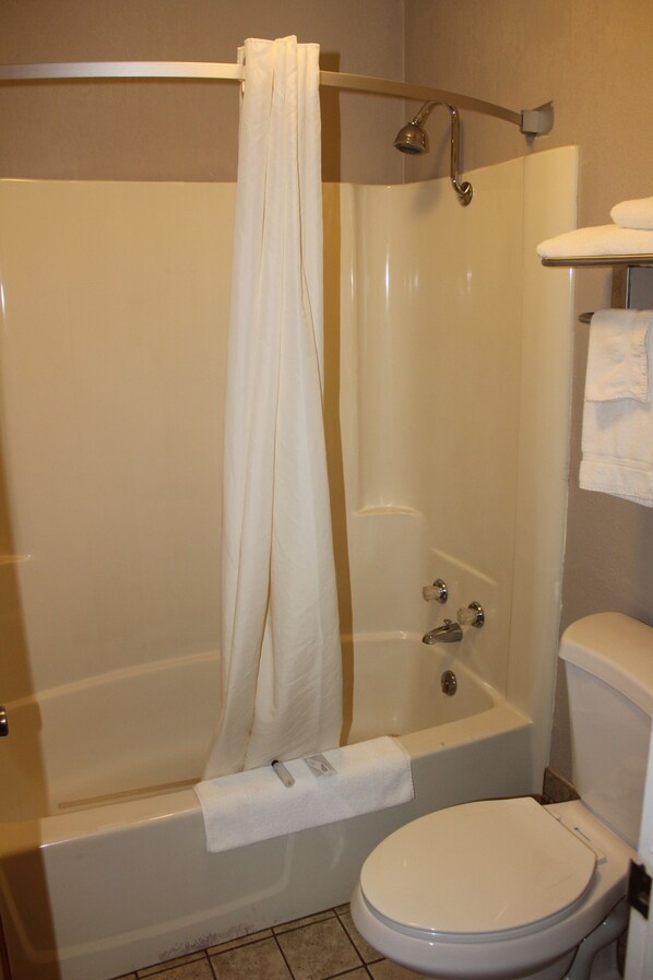 Ensemble douche/baignoire, serviettes fournies, savon, shampoing