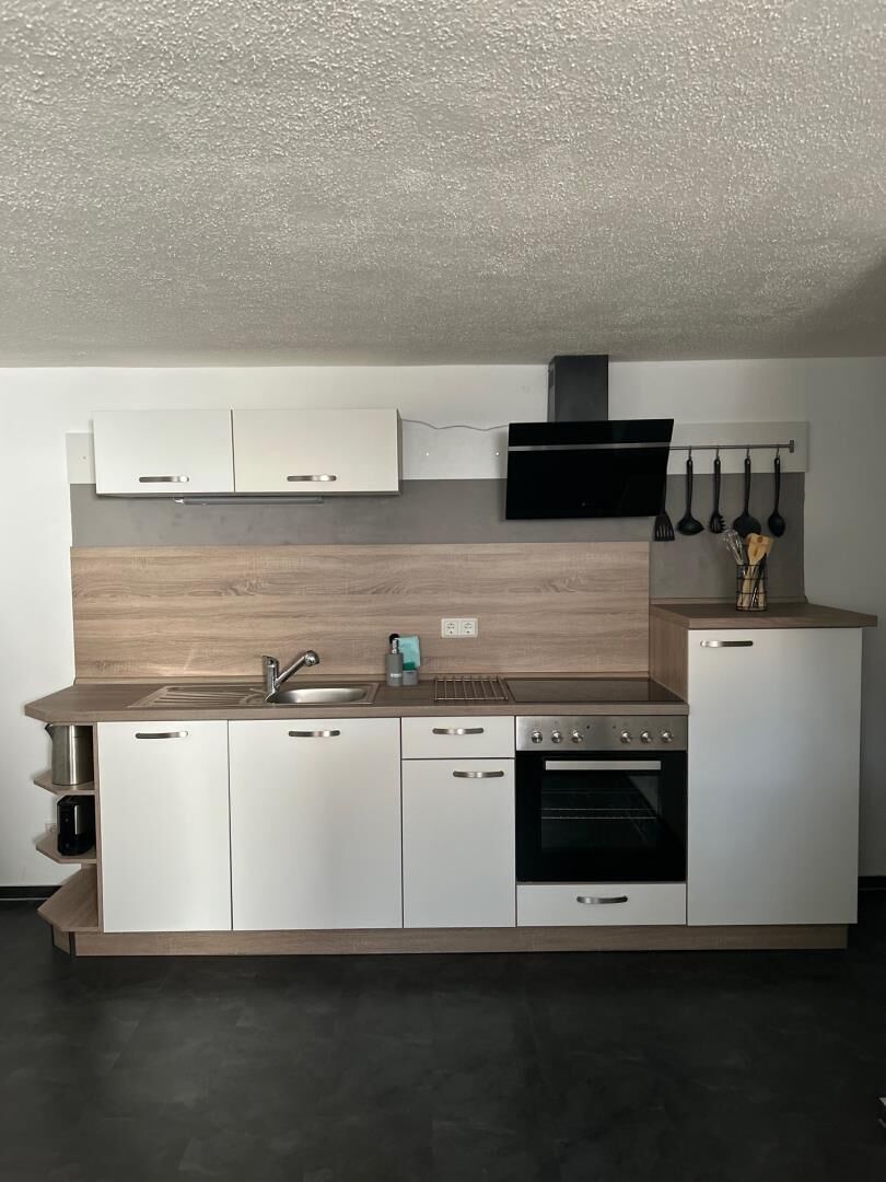 Una cocina moderna con horno empotrado, un lavamanos y una estufa.