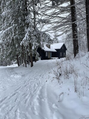 Una cabaña cubierta de nieve rodeada de árboles.