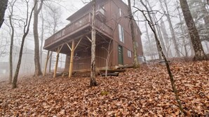 Une cabane dotée d’un balcon, entourée d’arbres et recouverte de feuilles mortes.