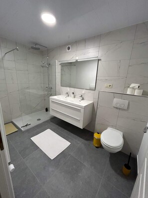 Douche, séchoir à cheveux, serviettes fournies, savon