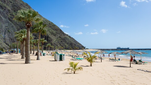 A sandy beach with palm trees, beach umbrellas, and lounge chairs. - Seafront San Andres (Santa Cruz de Tenerife)