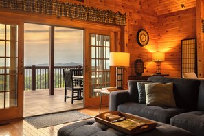 Smart TV, fireplace, books, stereo