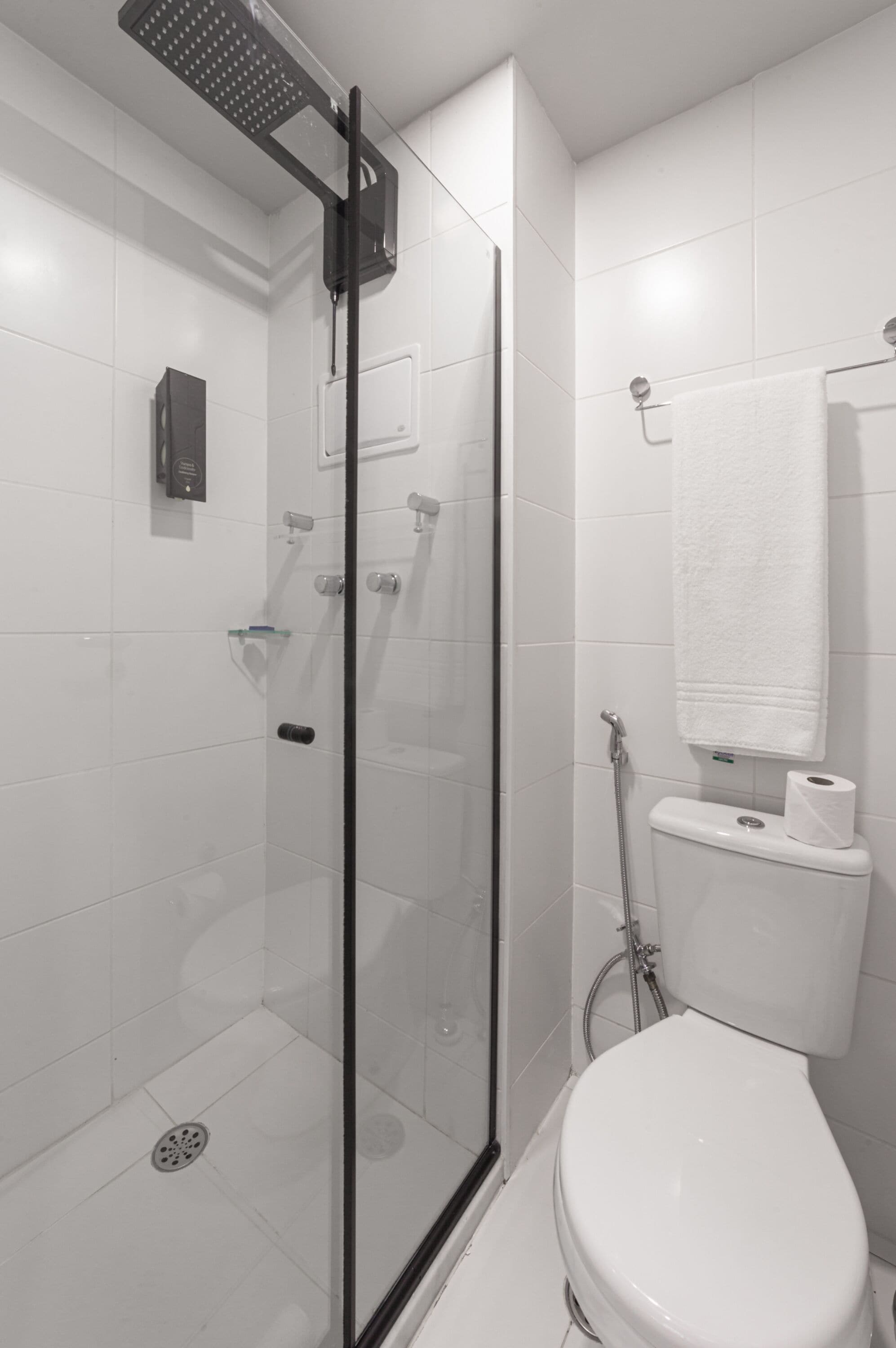 A modern bathroom with a glass-enclosed shower, a toilet, and a towel rack.