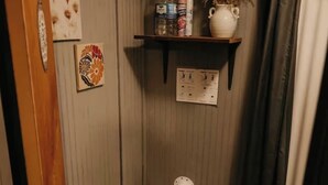 A compact bathroom with a toilet, a small shelf with toiletries, a decorative wall piece, and a shower curtain.