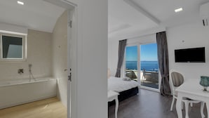 A modern hotel room with a balcony, a bathtub, a bed, a desk, and a TV. - Villa Simply White with Pool (Makarska)