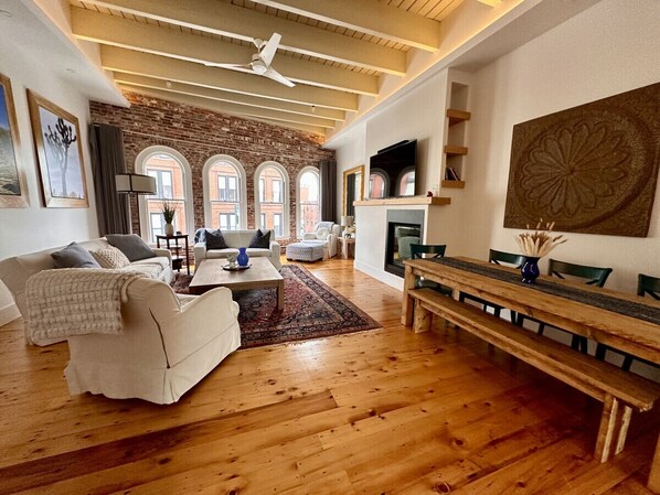 Smart TV, fireplace, books