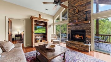 Smart TV, fireplace, DVD player, books