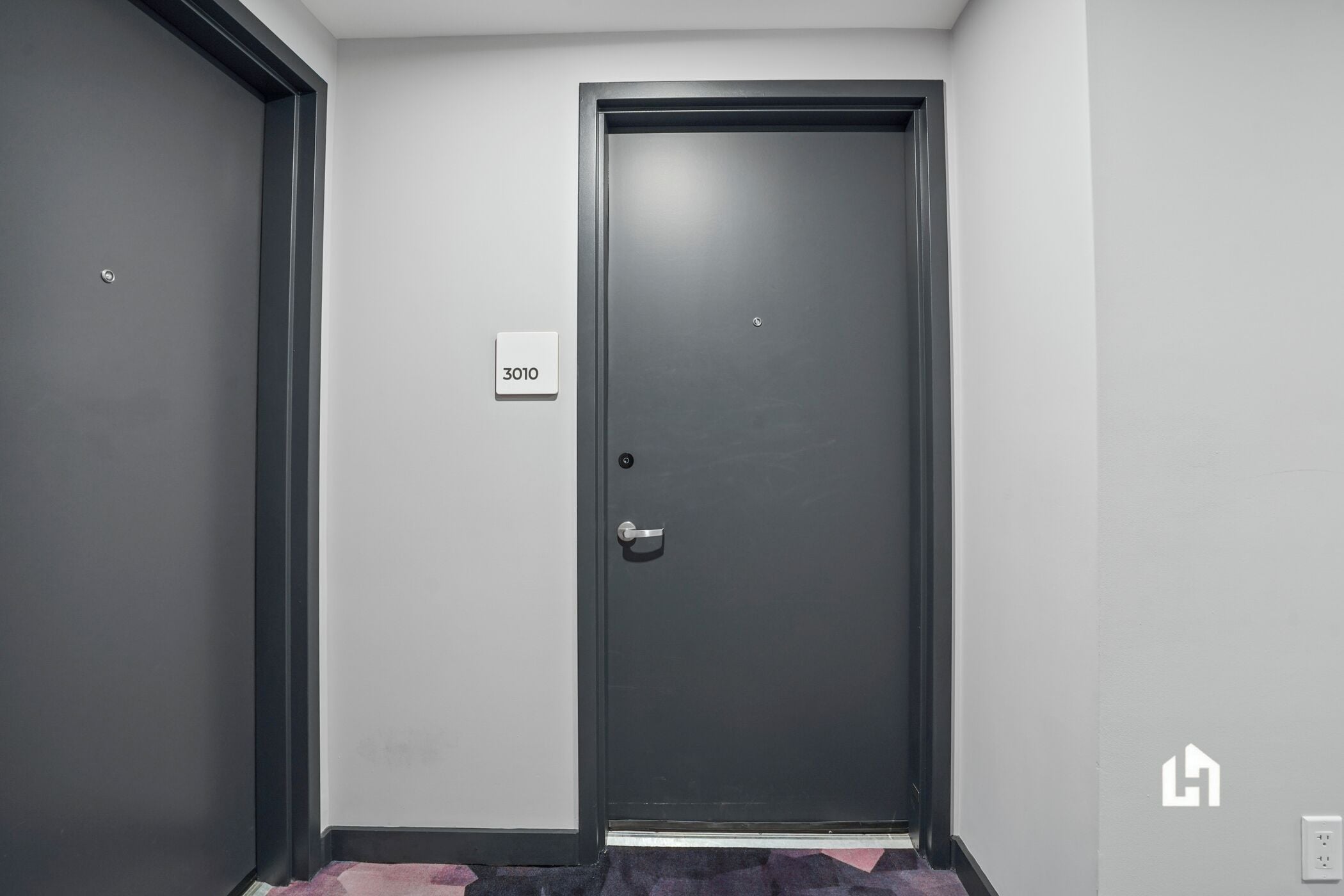 A closed door with a number plate '3010' and a door handle.