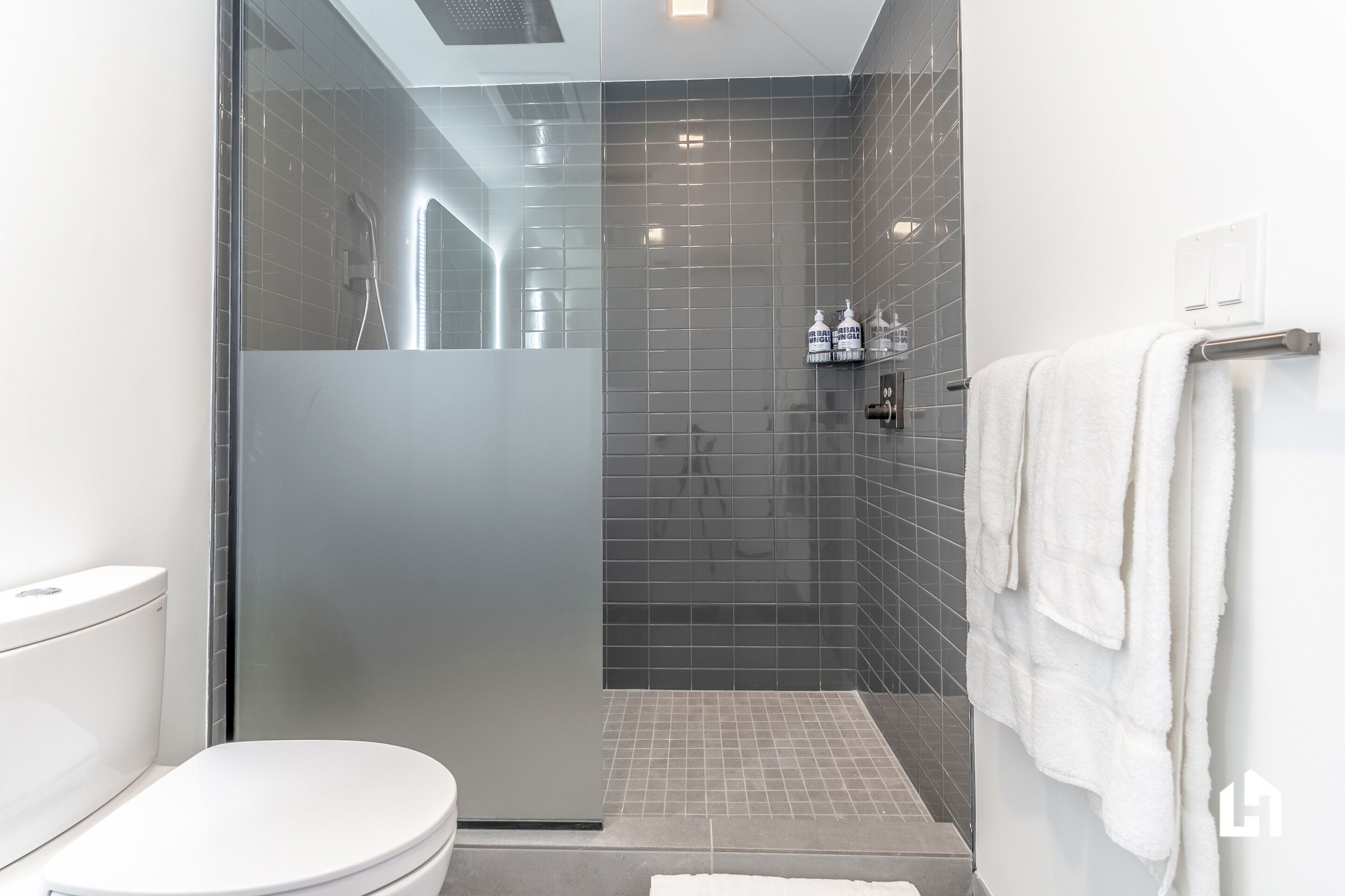 A modern bathroom with a glass-enclosed shower, a white toilet, and a towel rack.