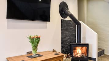Ein modernes Wohnzimmer mit einem an der Wand montierten Flachbildfernseher, einem Holztisch mit einer Tulpenvase und einem Kaminofen.