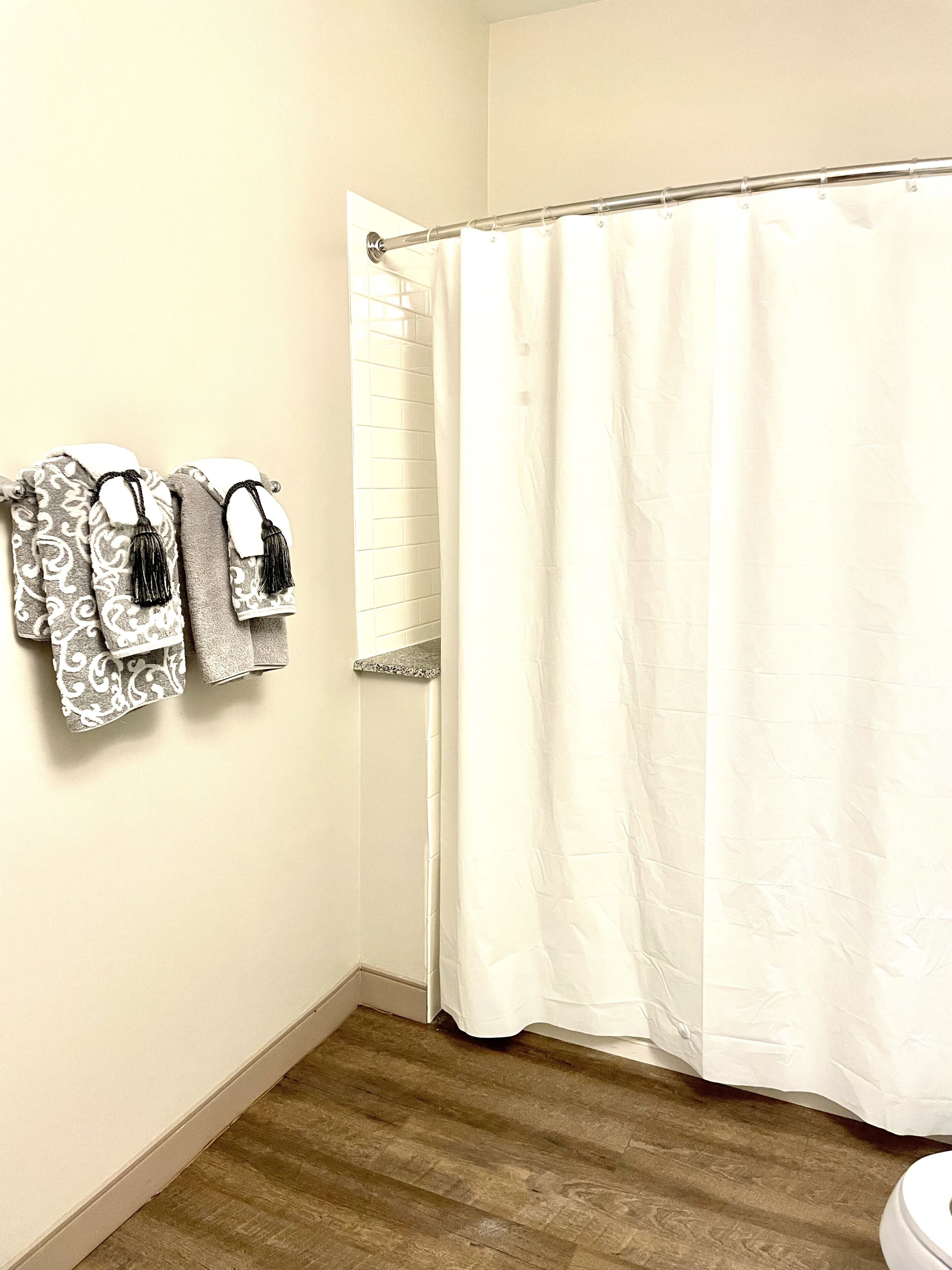 Hair dryer, towels, soap, shampoo