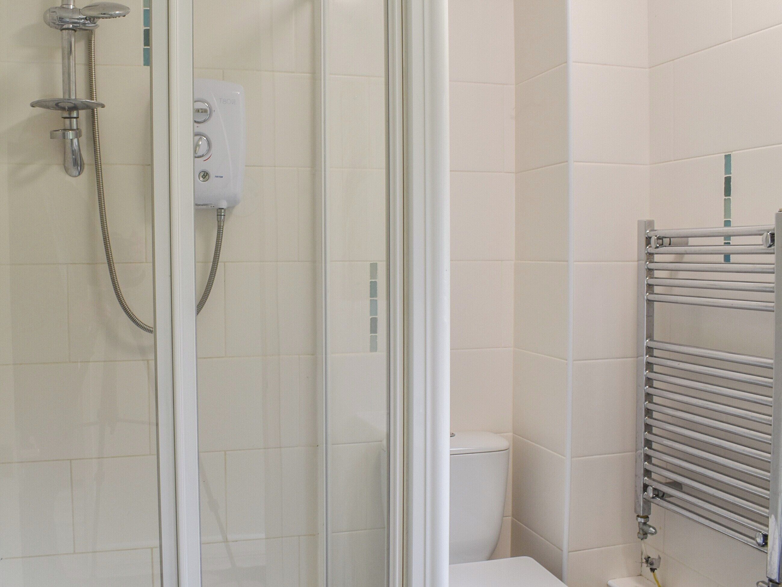 A bathroom with a glass shower enclosure, a toilet, and a towel rack.