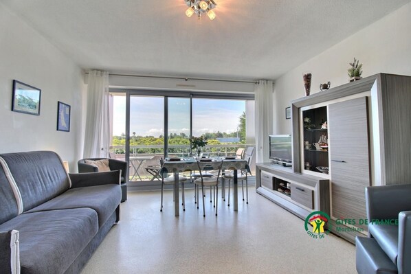 A modern living room with a grey sofa, a dining table with chairs, a TV on a wooden cabinet, and a balcony with a view of greenery.