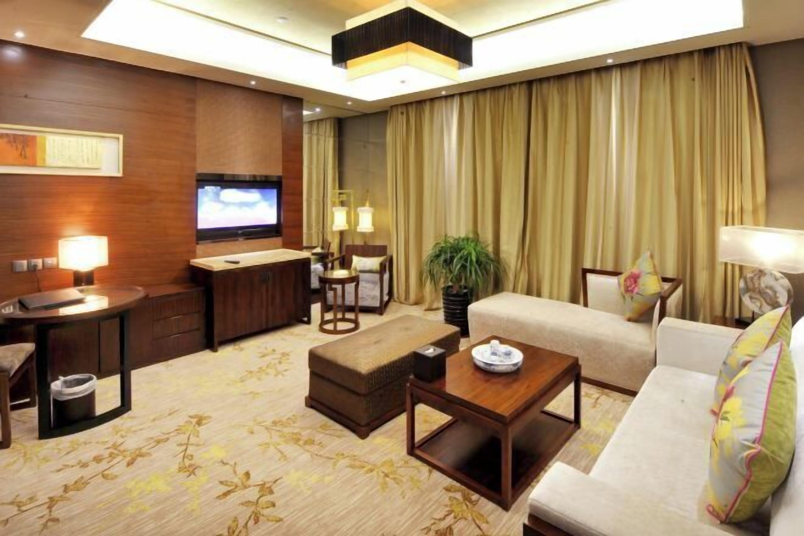 A hotel room with a sofa, a small table, a TV, a desk, and a plant.