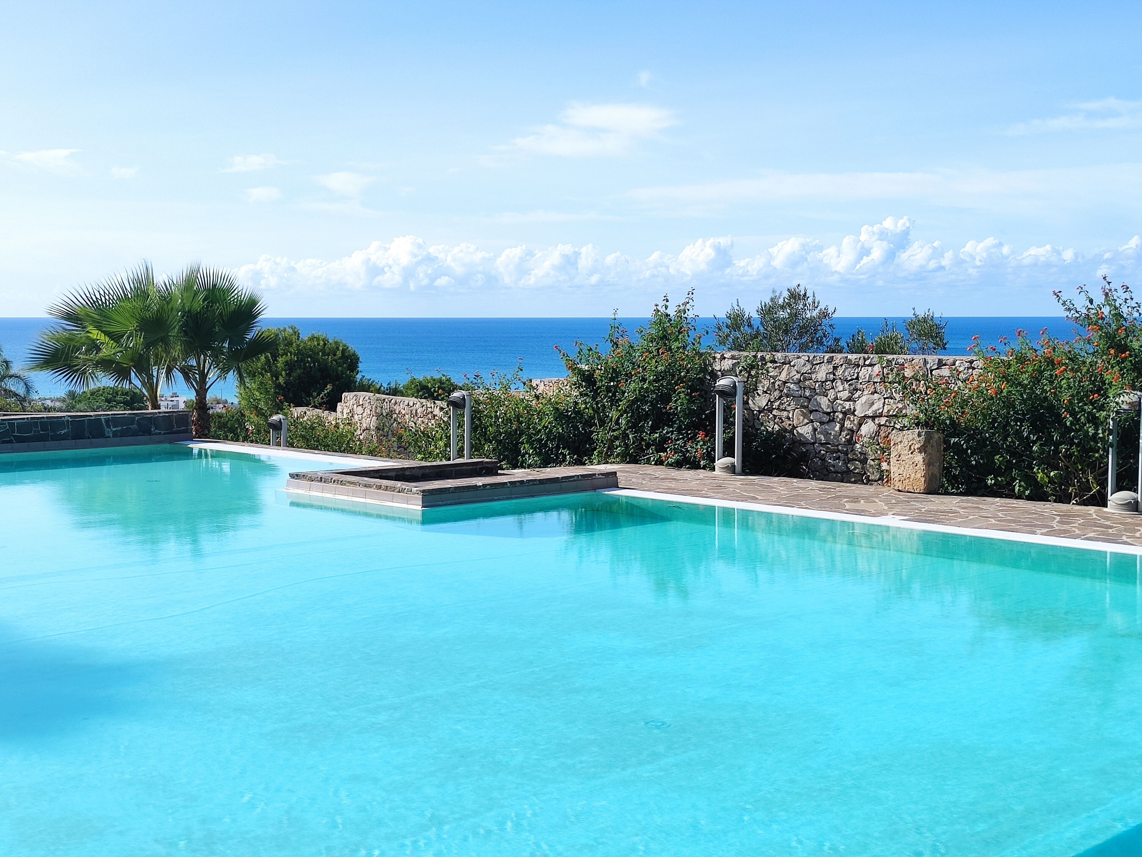 Une piscine d’un bleu éclatant, bordée d’un mur de pierre et entourée de palmiers, avec une vue imprenable sur l’océan.