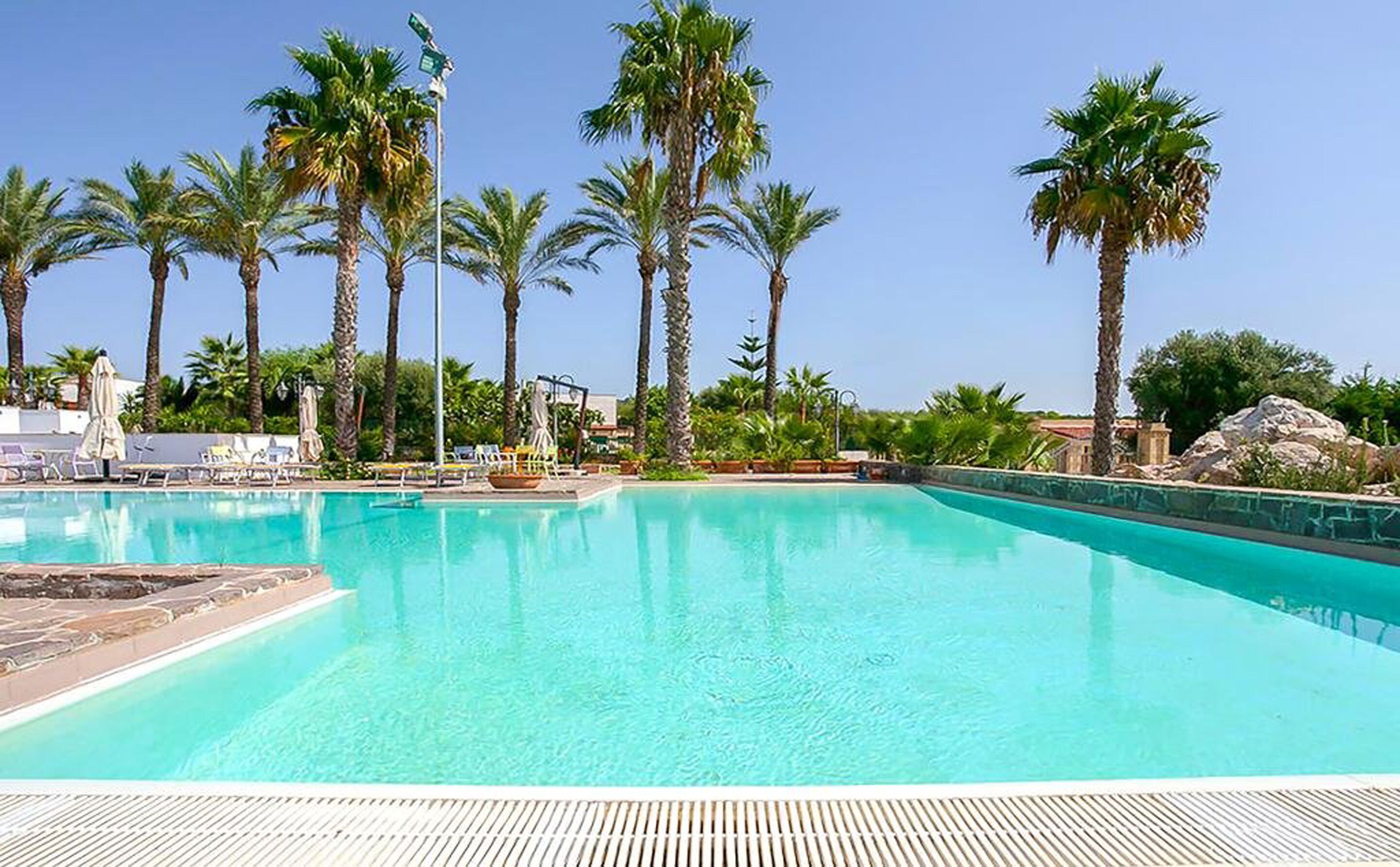 A clear blue pool with lounge chairs and palm trees.