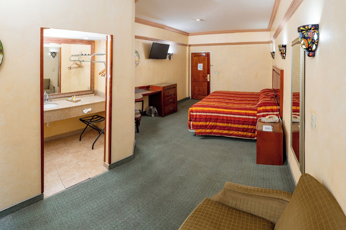 A hotel room with a bed, a desk, a chair, a mirror, and a television.