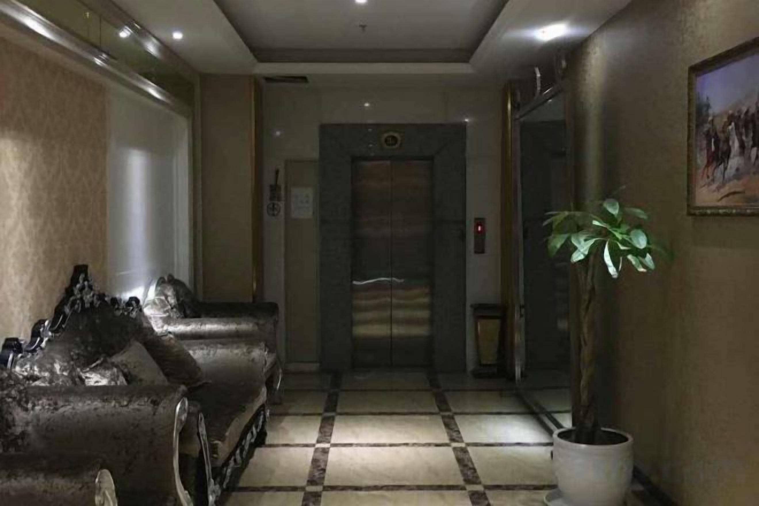Un vestíbulo de hotel con una recepción, una planta en maceta y un ascensor.