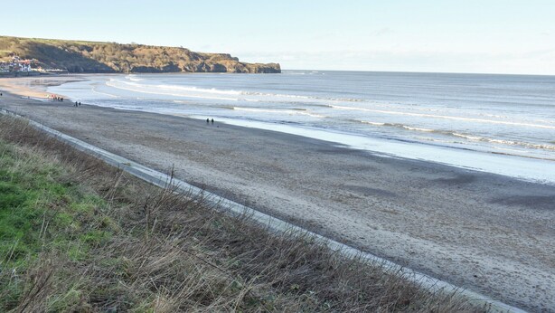 Une plage côtière avec une promenade pavée et une zone herbeuse au premier plan.