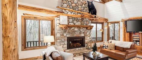 Smart TV, fireplace, table football, books