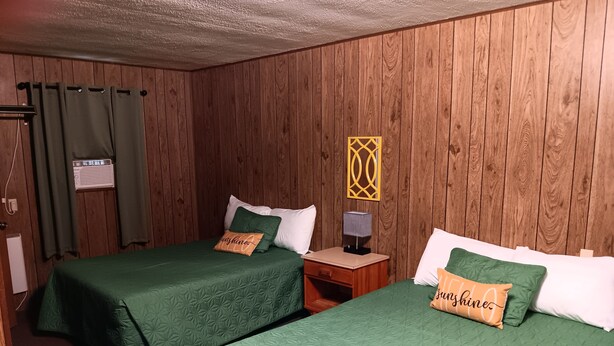 Dos camas individuales con ropa de cama y almohadas verdes, una pared de madera, una mesita de noche pequeña con lámpara y una ventana con cortinas.