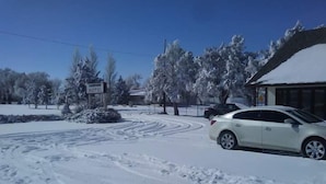 Paisaje nevado con un letrero de motel, un coche y árboles.