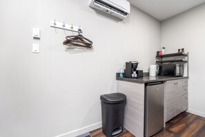 Microwave, stovetop, coffee/tea maker, electric kettle
