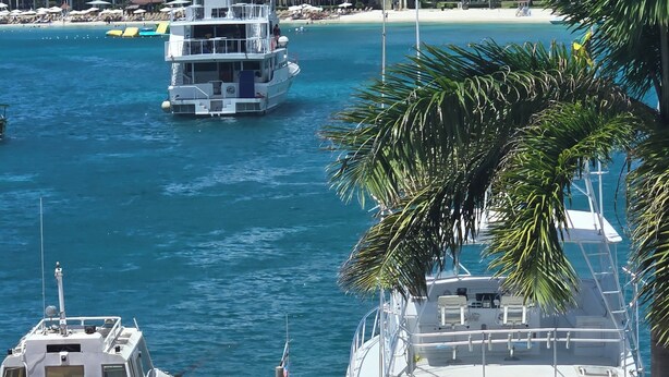 A marina with boats, a large building in the background, and a beach with palm trees. - Sweets Beach View in the heart of  Ocho Rios (Ocho Rios)