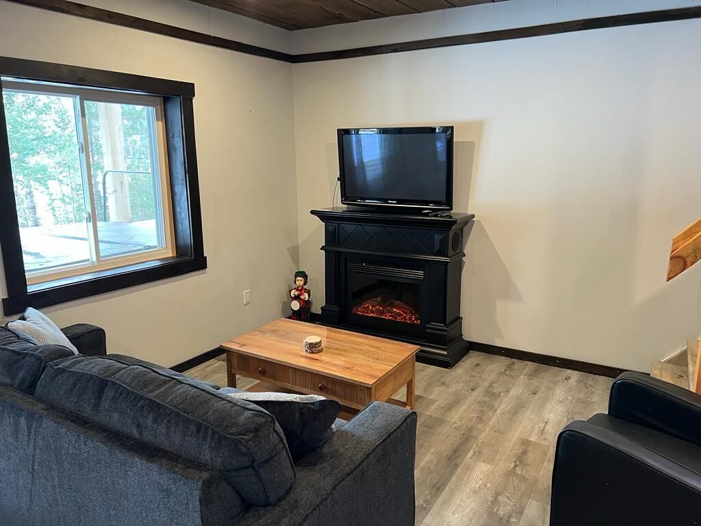 A living room with a sofa, a coffee table, a fireplace, and a television.